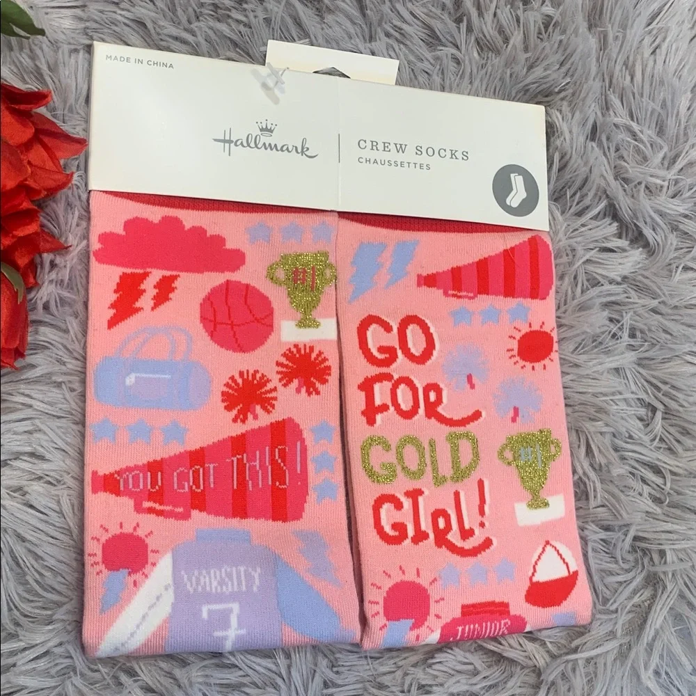 🌹Hallmark • NWT Pink 'Go For Gold Girl' Girls' Crew Socks Sport & Trophy Motifs